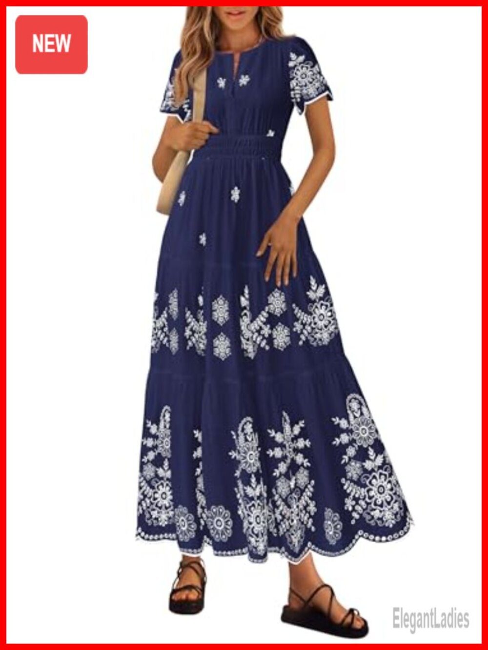 Womens Floral Maxi Dress Boho V Neck Short Sleeve Tiered Cotton Summer